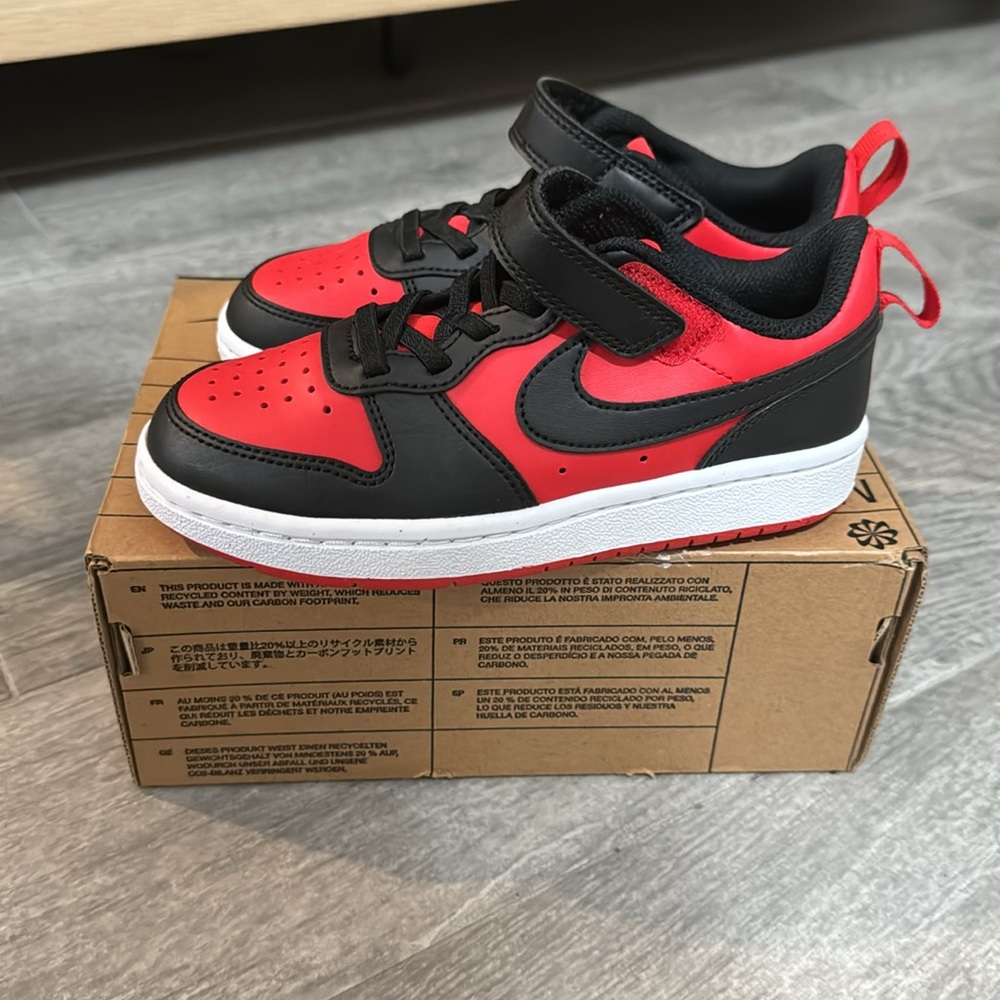 12c Nike Borough Court red Nlack White Velcro Stretch Shoe String easy Toddler